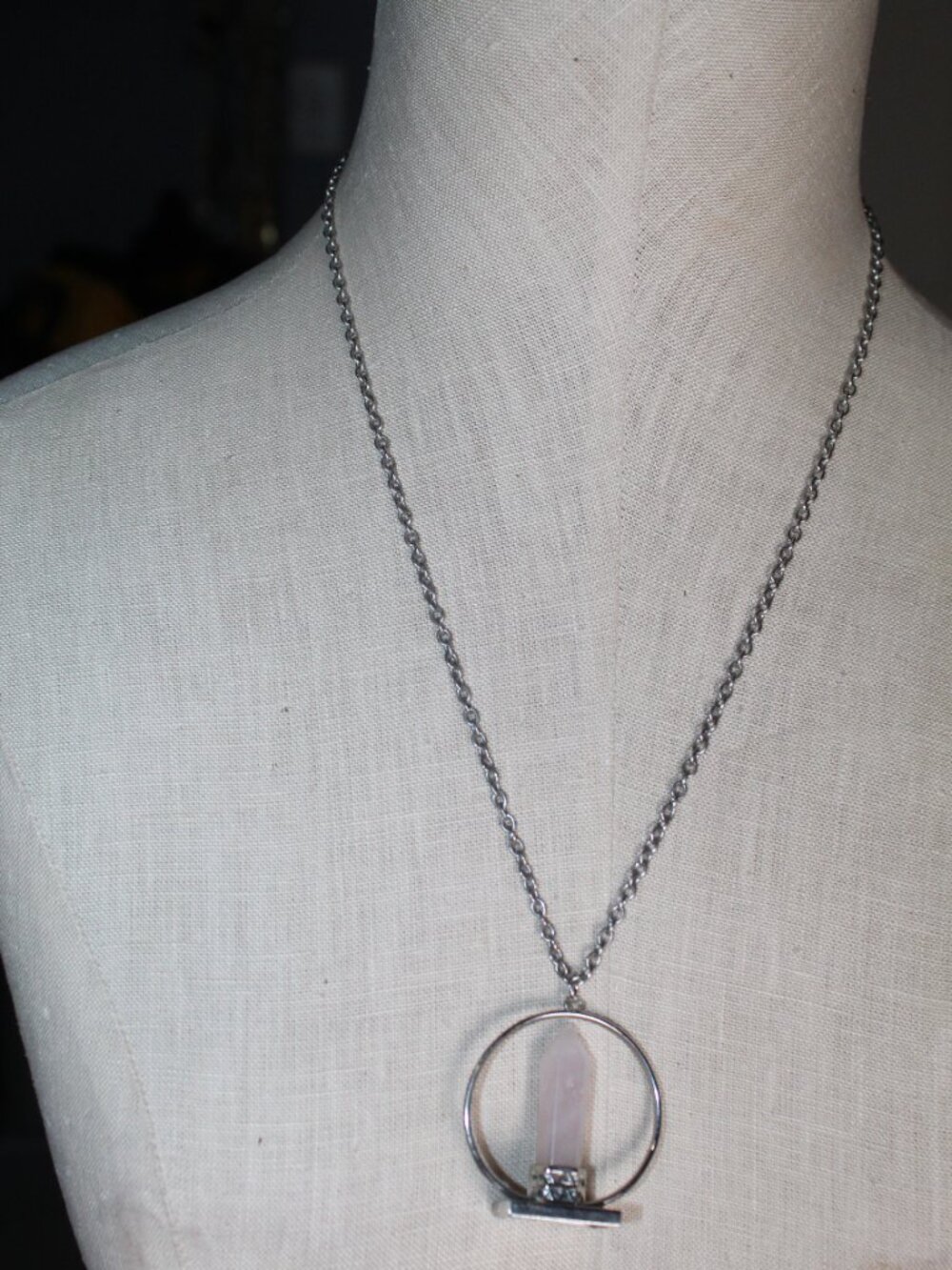Pink Quartz Point on 1.25" Silver Tone Plate Circle on 24" Silver Tone Chain